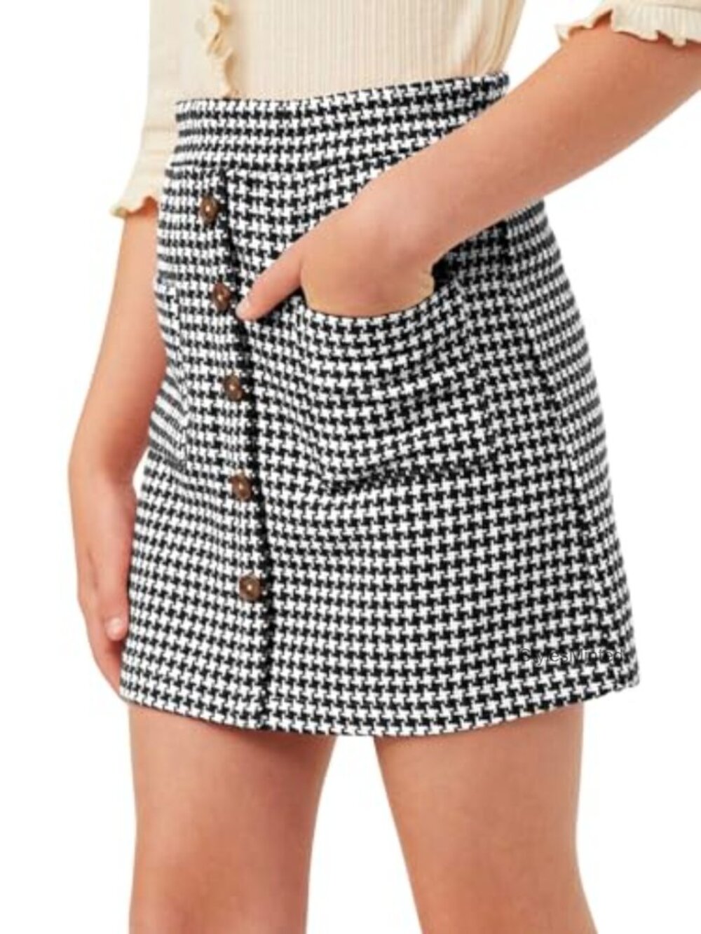Girls Houndstooth Mini Skirt Pull-On A-Line with Pockets